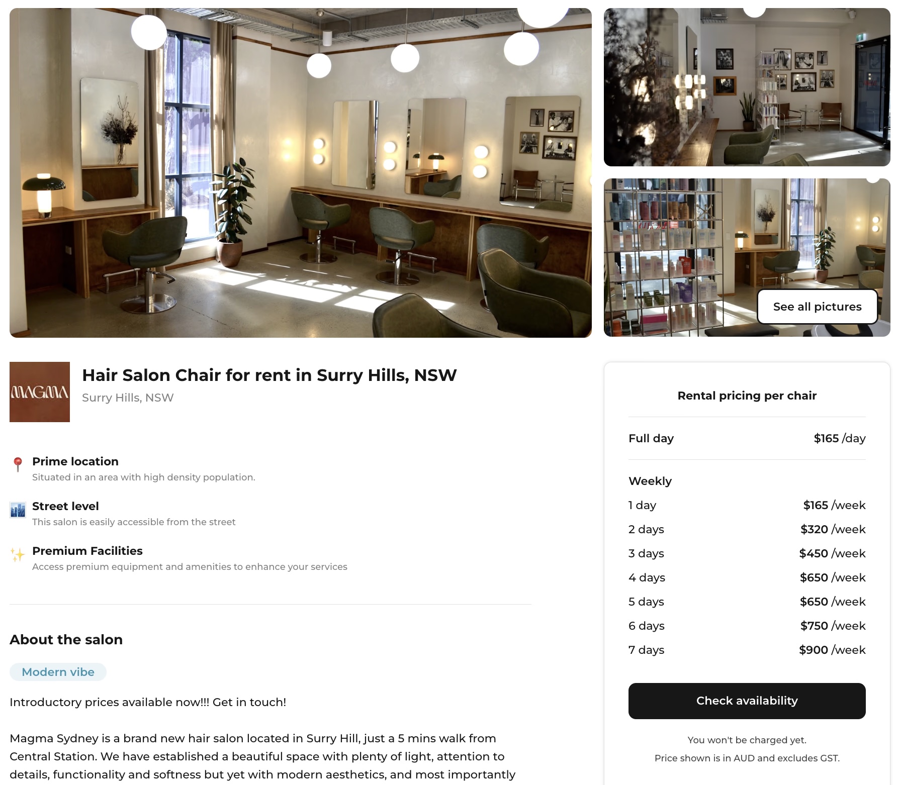 The Muse Avenue platform showing a hair salon chair listing in Surry Hills with photos, location details, and rental pricing per chair