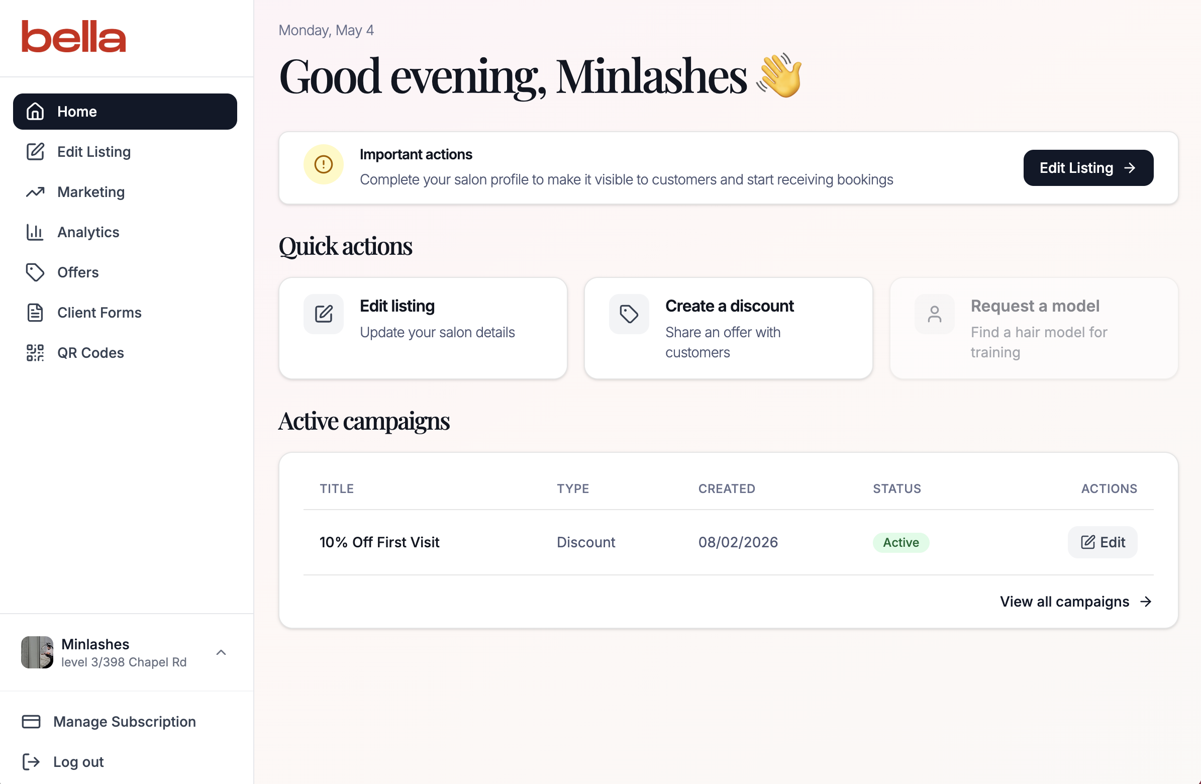The Bella salon dashboard showing quick actions, active campaigns, and a sidebar with home, edit listing, marketing, analytics and offers