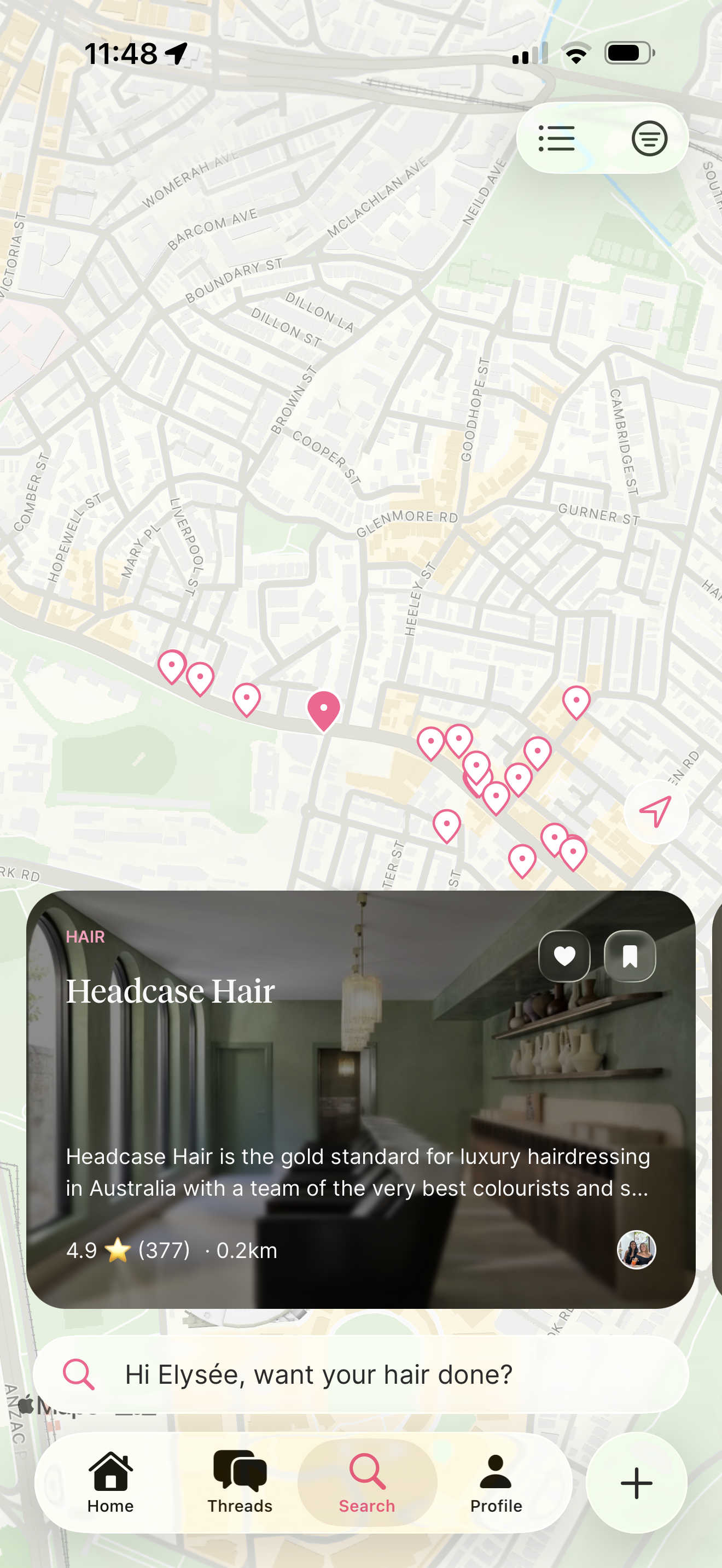 A map view in Bella with salon pins around Paddington